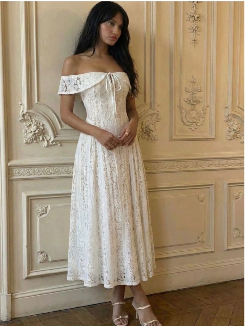 NWT LACE SCULPTURAL OFF-SHOULDER KNOTTED FLARED MAXI DRESS L